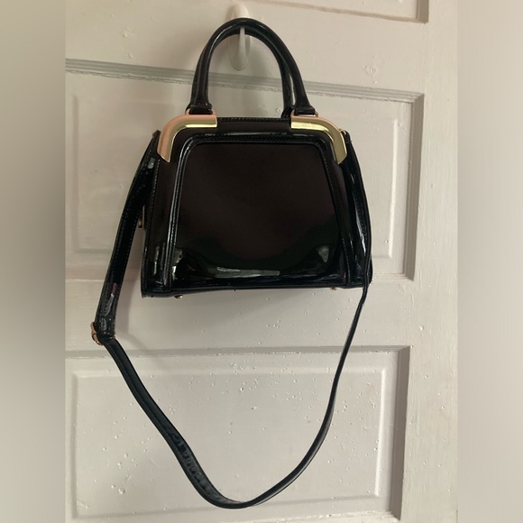 Vintage Black Patent Leather Satchel Bag with Gold Details - Picture 4 of 15